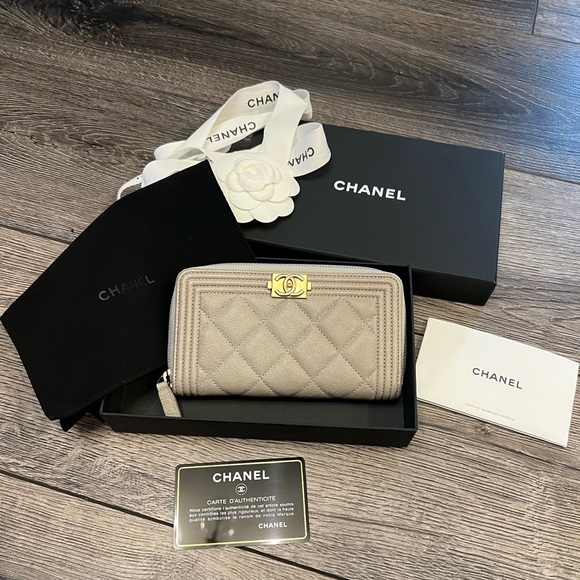 Chanel Grey Quilted Caviar Leather Boy Zip Around Wallet